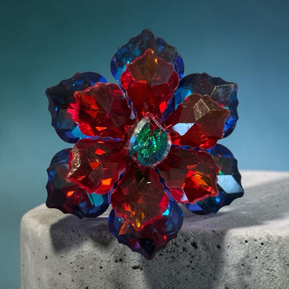 Ruby Red Blue Crystal Flower Brooch Pin 1960s Mod Faceted Lucite Rhinestone